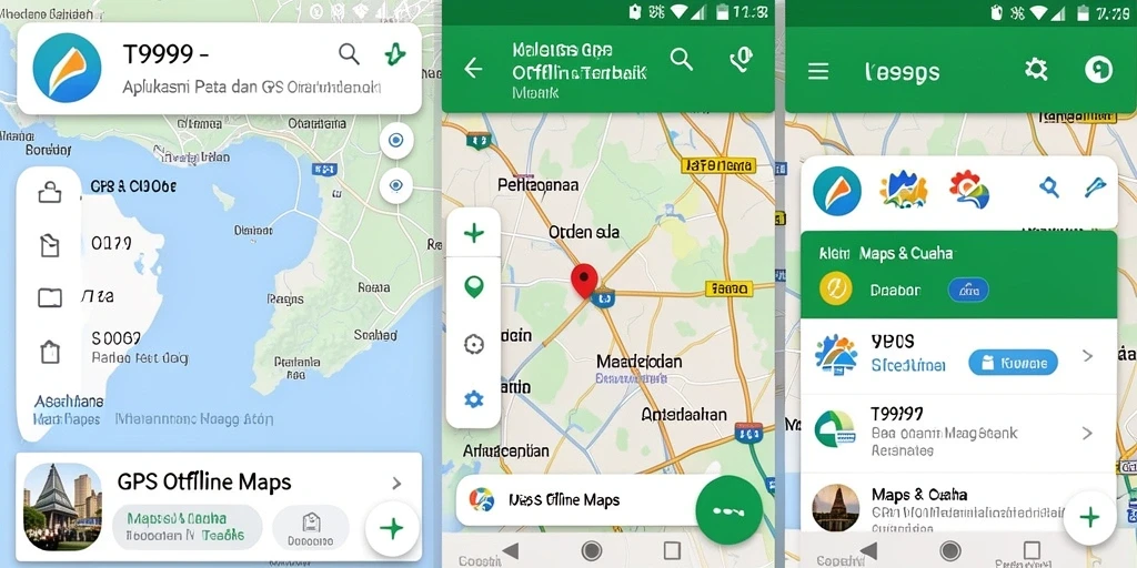 Screenshot antarmuka T9999 menampilkan peta dan navigasi GPS offline.